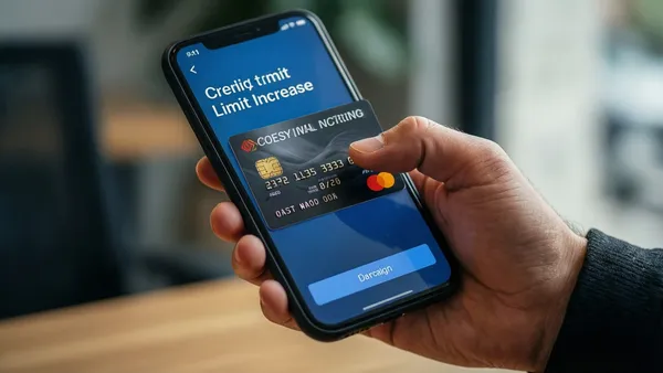 Mão segurando celular com aplicativo bancário mostrando pedido de aumento de limite do cartão de crédito