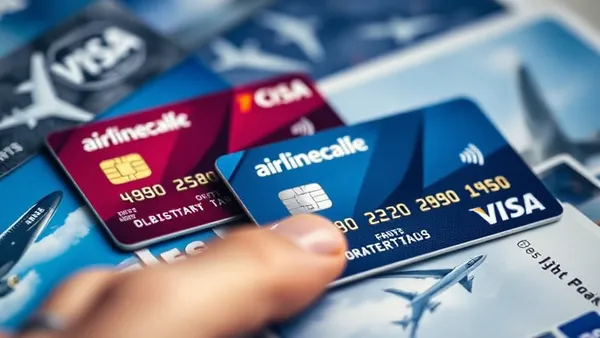 Cartões de crédito co-branded de programas de milhas aéreas sobre uma mesa com passagem de bordo