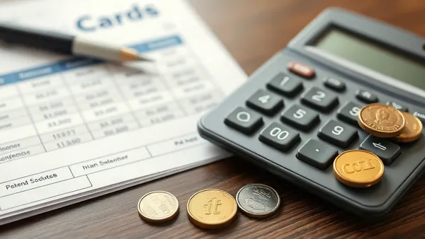 Calculadora, moedas e fatura de cartão de crédito sobre mesa, simbolizando o cálculo do payback da anuidade