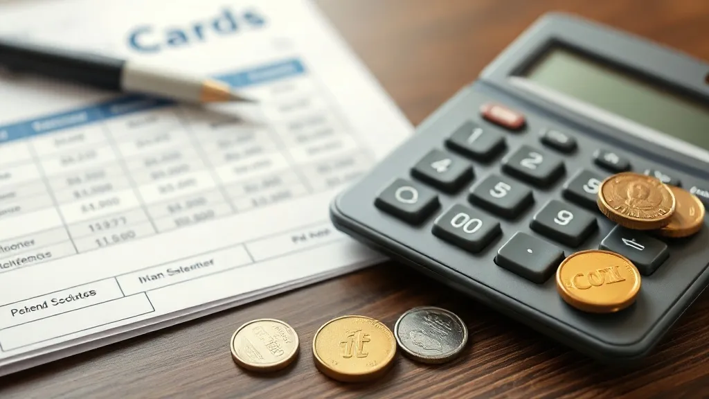 Calculadora, moedas e fatura de cartão de crédito sobre mesa, simbolizando o cálculo do payback da anuidade