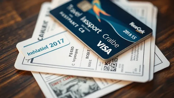 Cartão de crédito sobre passaporte aberto e documentos de apólice de seguro viagem