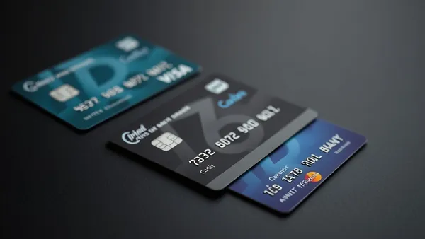 Cartões de crédito sem anuidade dispostos sobre superfície escura com iluminação lateral, representando comparação entre opções gratuitas de milhas