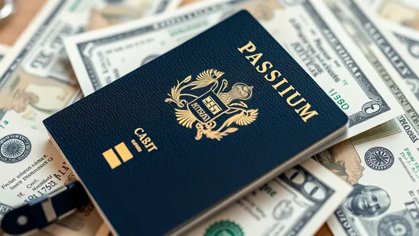 Cartão de crédito premium apoiado em passaporte com notas de dólar ao fundo, representando gasto internacional e acúmulo de milhas
