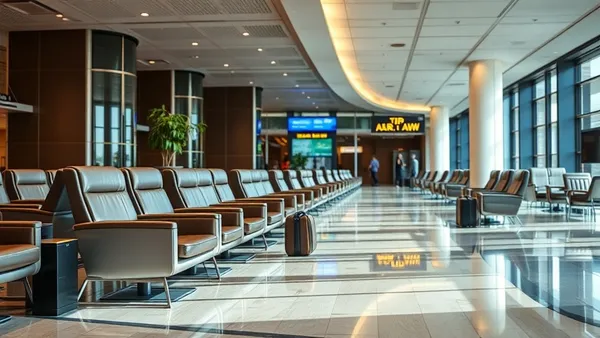 Interior moderno de sala VIP de aeroporto com poltronas confortáveis, iluminação suave e vista para pista de decolagem