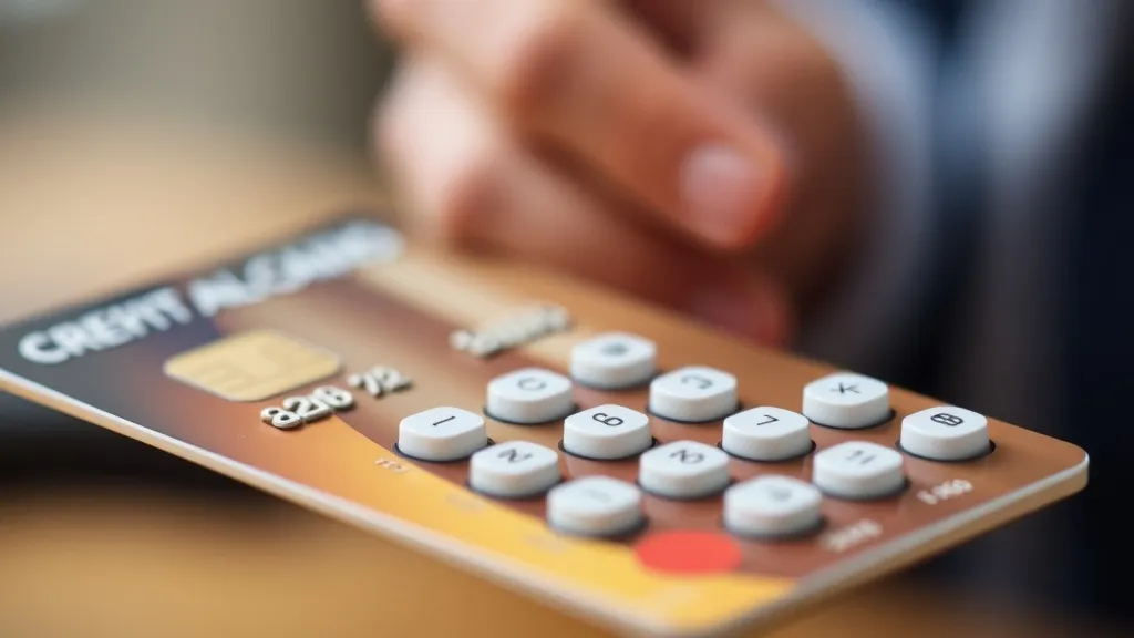 Calculadora ao lado de cartão de crédito premium com pilha de moedas ao fundo representando o cálculo de custo por milha