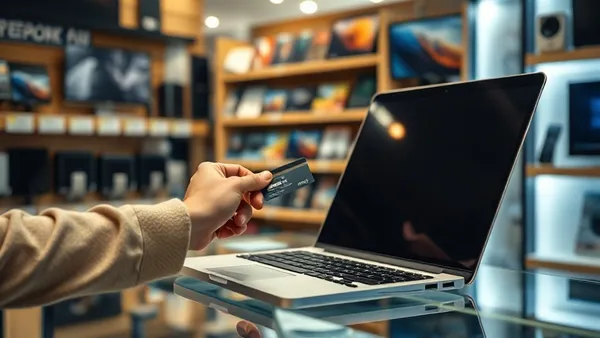 Pessoa pagando um notebook com cartão de crédito no caixa de uma loja de eletrônicos