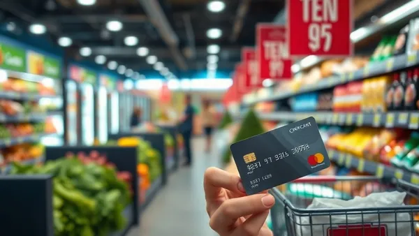 Cartão de crédito premium sobre mesa com produtos de supermercado e nota de restaurante ao fundo, representando categorias de gasto com multiplicador de milhas