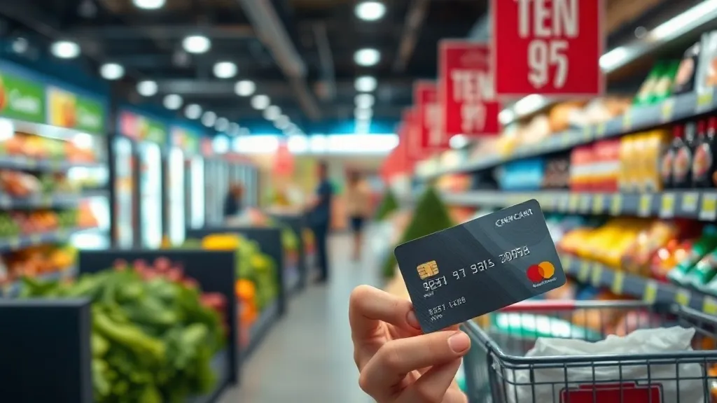 Cartão de crédito premium sobre mesa com produtos de supermercado e nota de restaurante ao fundo, representando categorias de gasto com multiplicador de milhas