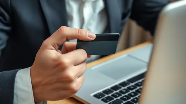 Pessoa ao telefone com cartão de crédito e laptop, negociando anuidade