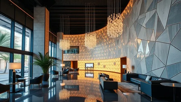 Lobby de hotel Accor moderno com balcão de recepção iluminado, poltronas e plantas decorativas