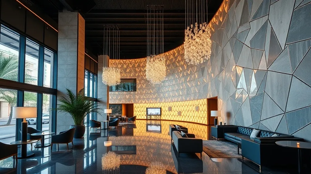 Lobby de hotel Accor moderno com balcão de recepção iluminado, poltronas e plantas decorativas