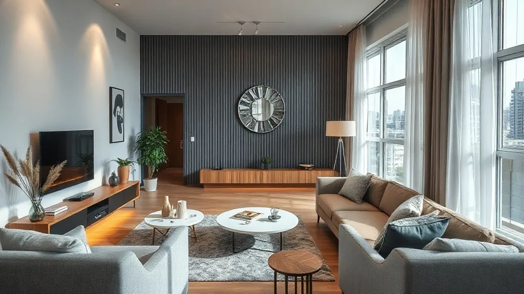 Sala de apartamento moderno alugado com sofá, mesa de jantar e cozinha integrada ao fundo.