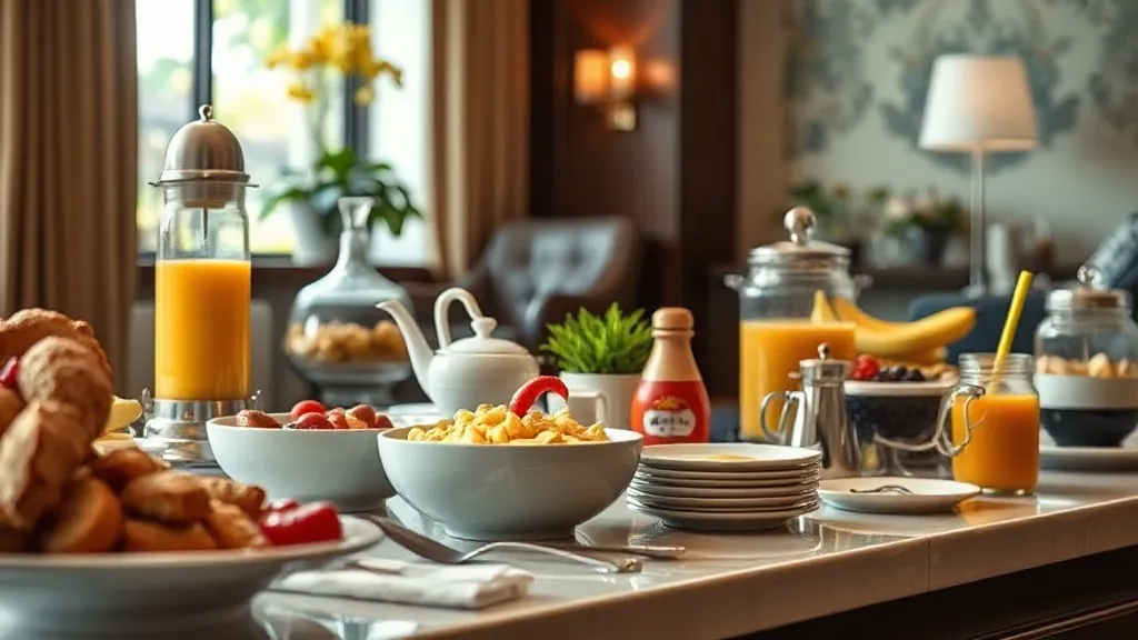 Buffet de café da manhã de hotel de luxo com frutas, pães e iluminação quente pela manhã.