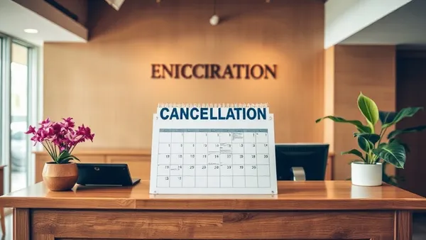 Balcão de recepção de hotel de luxo com calendário e recepcionista revisando uma reserva.