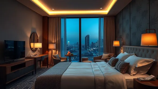 Quarto de hotel de luxo com iluminação âmbar suave, cama king-size e vista noturna da cidade
