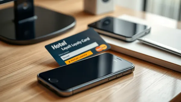 Cartão de fidelidade de hotel ao lado de um celular com o app aberto sobre uma mesa.