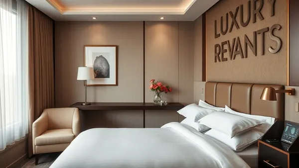 Quarto de hotel moderno com cama arrumada, janela ampla com vista e iluminação suave