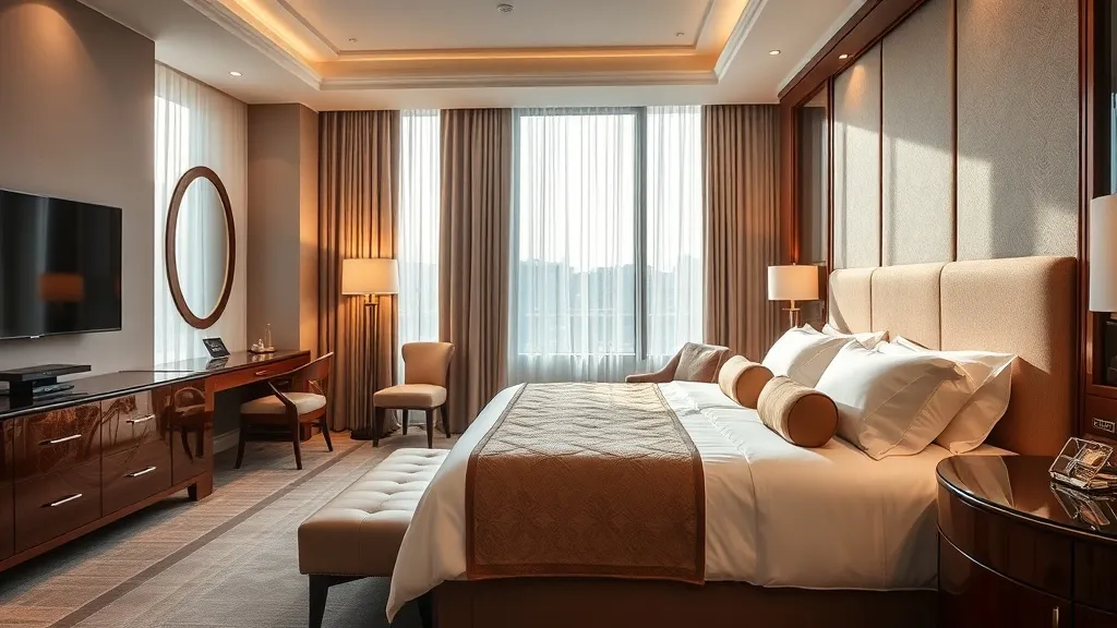 Quarto de hotel de luxo com suíte elegante, cama king-size e iluminação âmbar suave.