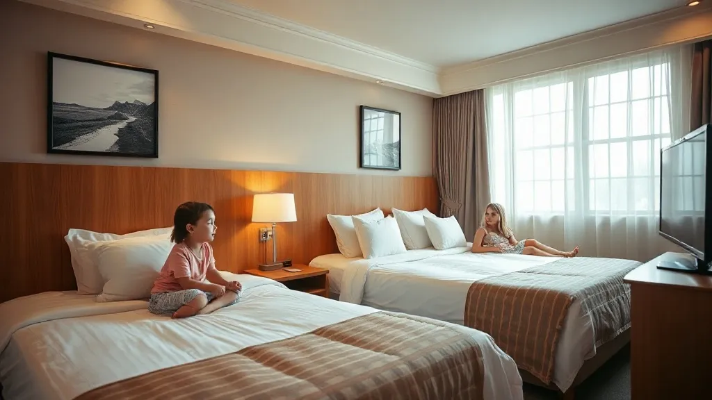 Quarto de hotel amplo com duas camas de casal, ideal para família com crianças em viagem.