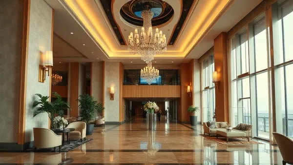 Lobby de hotel InterContinental com lustre imponente, balcão de mármore e iluminação dourada
