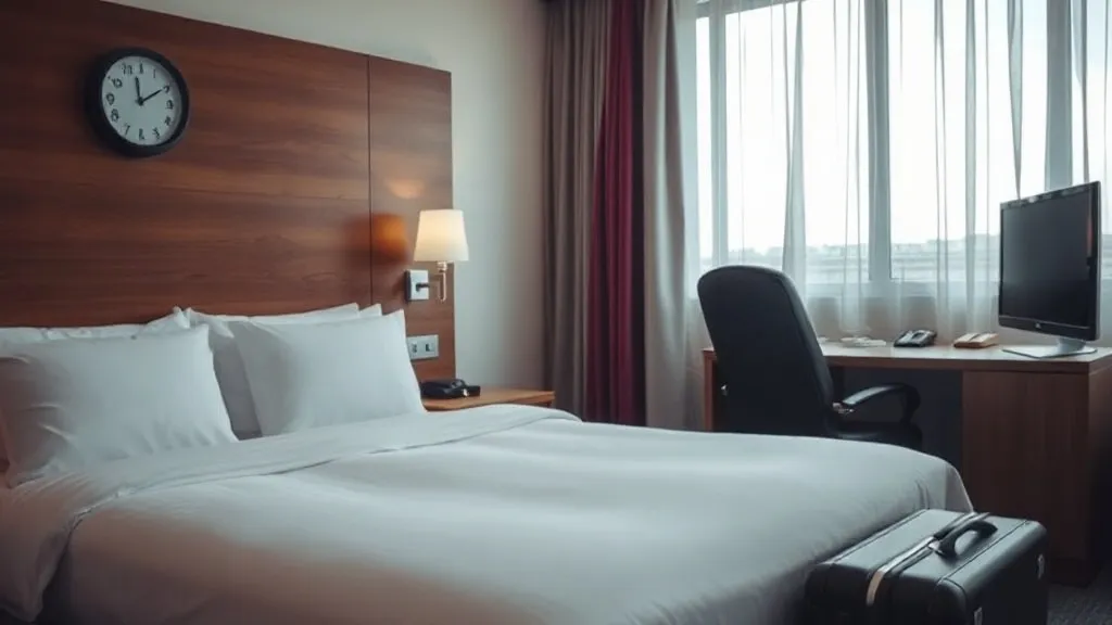 Quarto de hotel com cama desfeita, mala aberta e relógio na mesa de cabeceira marcando o horário de saída