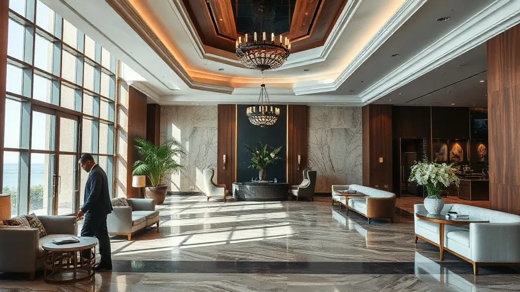 Lobby de hotel de luxo com pé-direito alto, iluminação quente e vista para jardim tropical