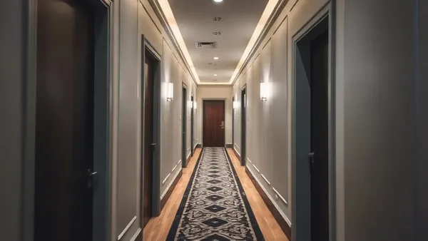 Corredor de hotel com portas numeradas ao longo de um tapete vermelho e iluminação lateral quente