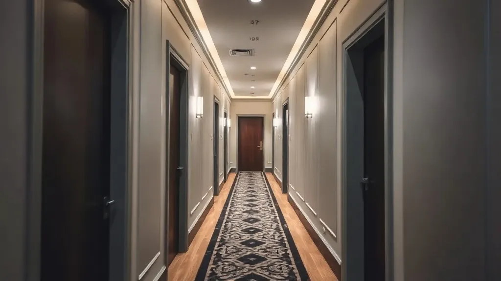 Corredor de hotel com portas numeradas ao longo de um tapete vermelho e iluminação lateral quente