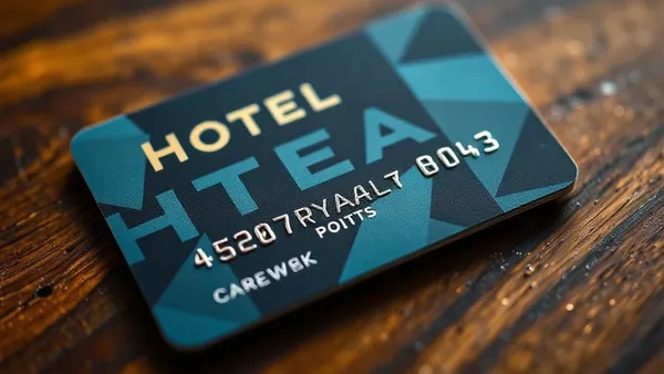 Cartão de crédito e chave de hotel sobre mesa com pontos e saldo de programa de fidelidade ao fundo.