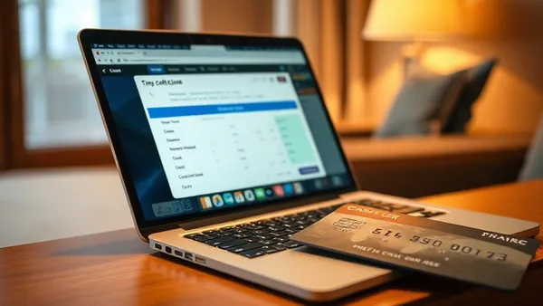 Tela de laptop mostrando site de reservas de hotel com pontos e cartão de crédito ao lado