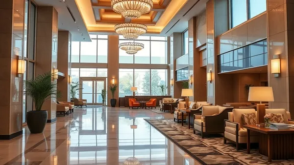 Recepção de hotel moderno iluminada com balcão de mármore e saguão com sofás ao fundo