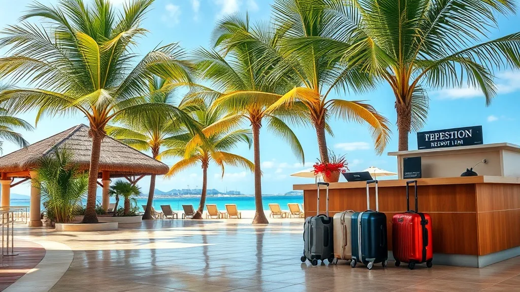 Recepção de resort à beira-mar com palmeiras ao fundo e mala de viagem no balcão de check-in