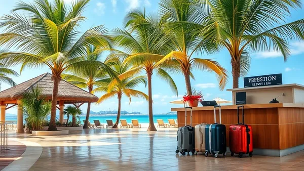 Recepção de resort à beira-mar com palmeiras ao fundo e mala de viagem no balcão de check-in