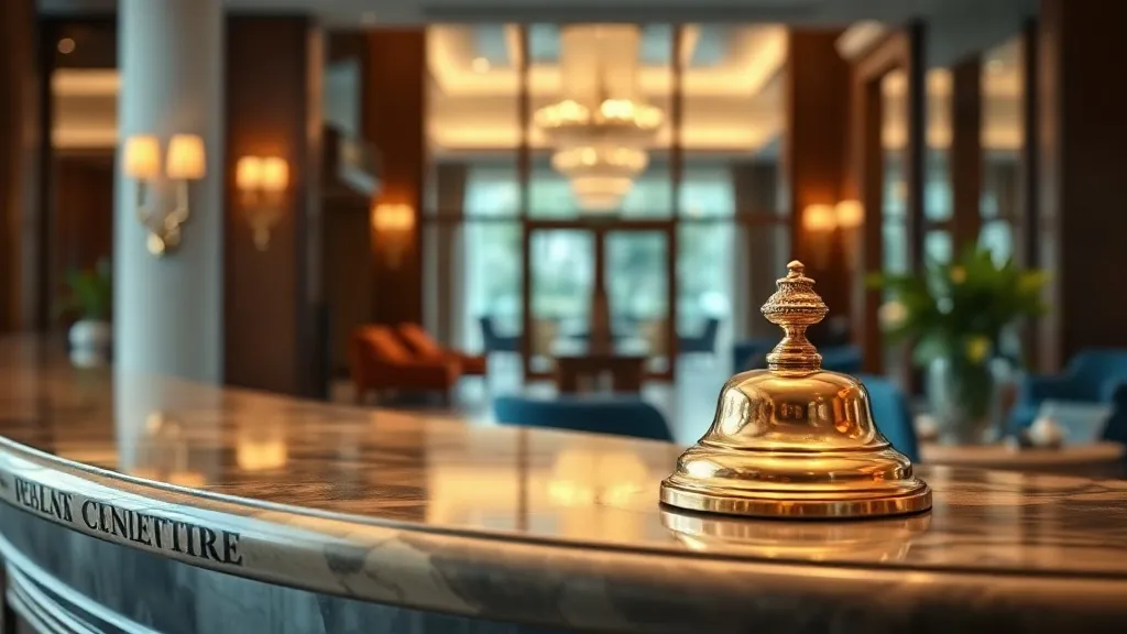 Balcão de recepção de hotel de luxo com sino de concierge, iluminação quente e flores