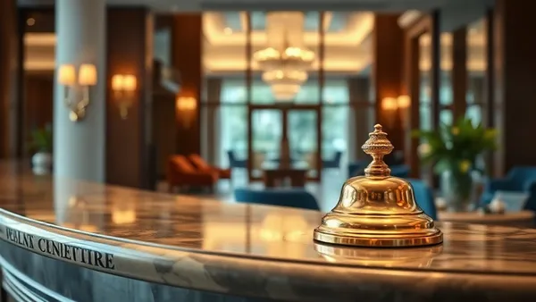 Balcão de recepção de hotel de luxo com sino de concierge, iluminação quente e flores