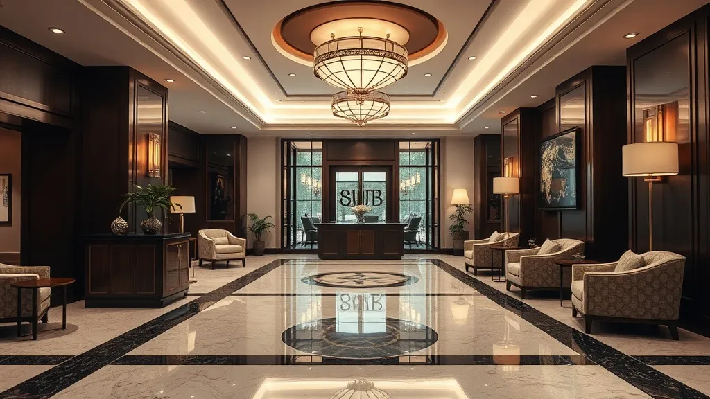 Lobby de hotel de luxo com balcão de check-in iluminado e recepcionista aguardando hóspede com bagagem.