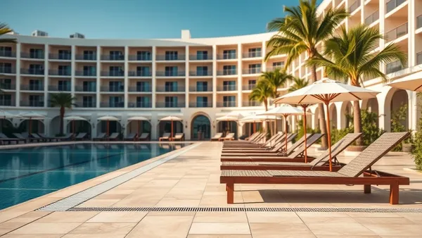 Espreguiçadeiras à beira da piscina de um resort de luxo com palmeiras ao fundo.