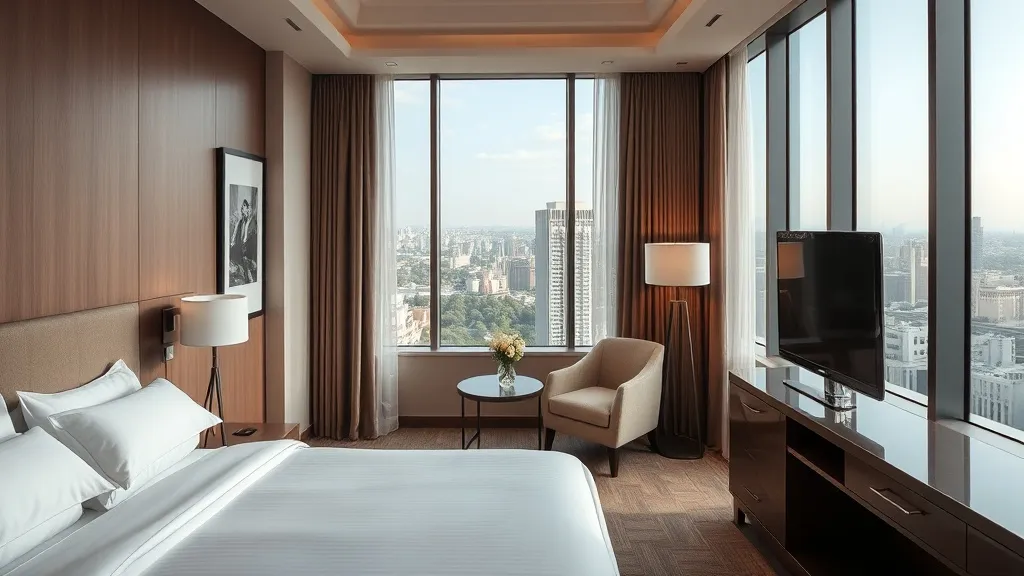 Suíte de hotel ampla com cama king, sofá e janela panorâmica com vista para a cidade