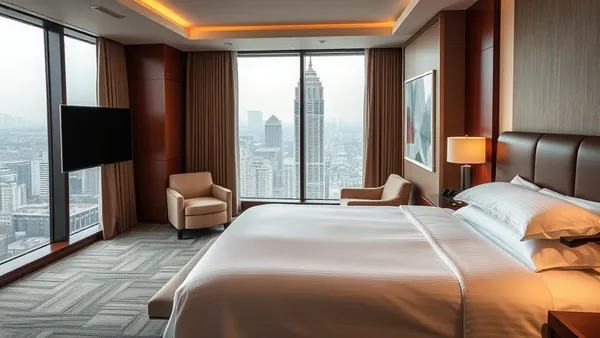 Vista de quarto de hotel premium com cama king size e janela com vista para a cidade ao entardecer