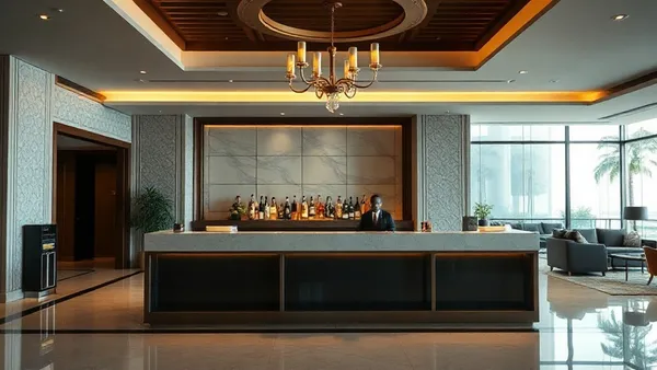 Lobby de hotel de luxo com balcão de concierge iluminado e poltronas elegantes ao fundo.