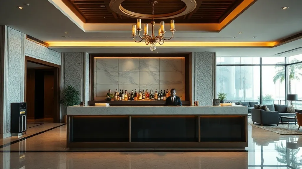 Lobby de hotel de luxo com balcão de concierge iluminado e poltronas elegantes ao fundo.