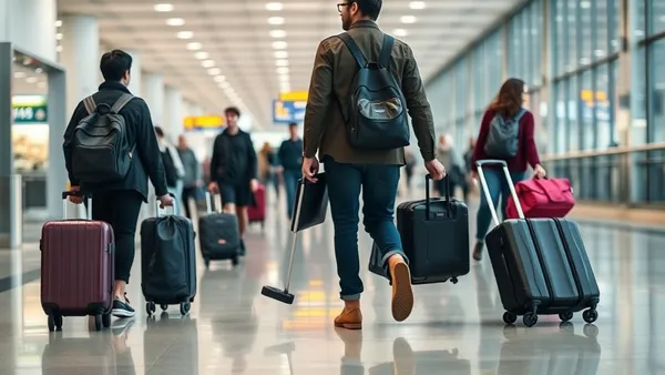 Bagagens despachadas em esteira de aeroporto com etiqueta colorida e iluminação fluorescente típica de terminal.