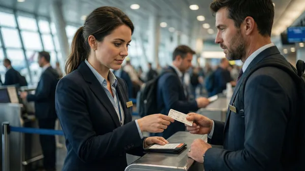 Balcão de check-in em aeroporto com passageiro conversando com agente da companhia aérea
