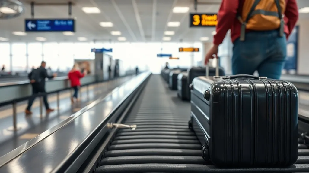 Esteira de bagagens em aeroporto brasileiro com malas coloridas sendo despachadas