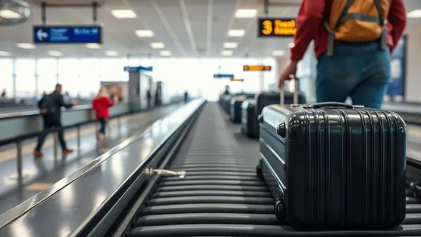 Esteira de bagagens em aeroporto brasileiro com malas coloridas sendo despachadas
