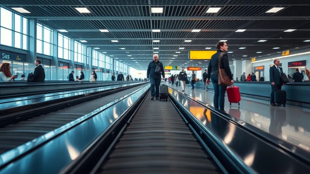 Passageiro aguardando sozinho na esteira de bagagem vazia de um aeroporto, com expressão preocupada e malas dos outros já recolhidas