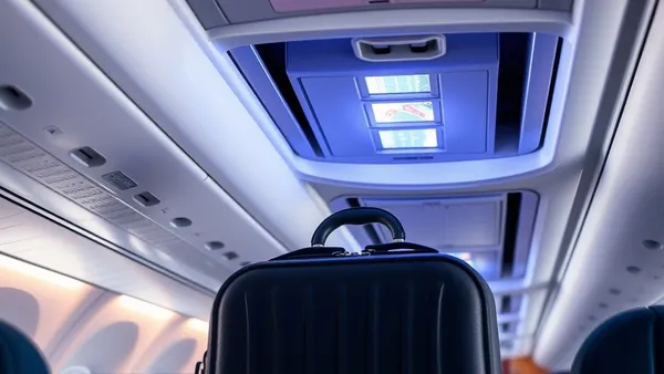 Mala de bordo sendo guardada no compartimento superior de cabine de avião