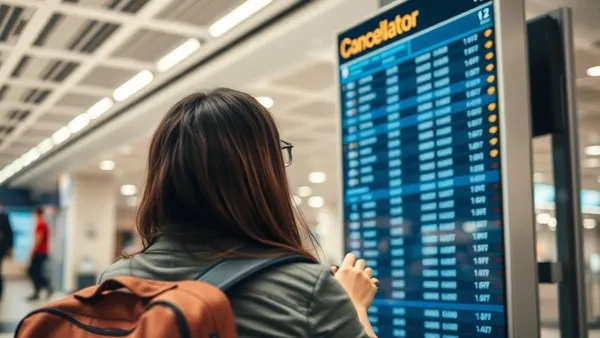 Passageiro consultando painel de voos e cancelamentos no saguão de um aeroporto