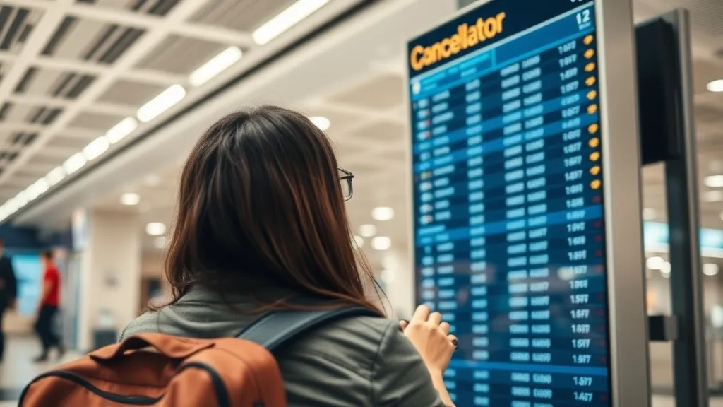 Passageiro consultando painel de voos e cancelamentos no saguão de um aeroporto