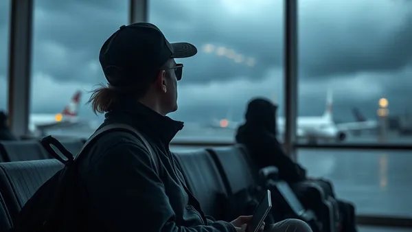 Passageiros esperando em aeroporto com janelas mostrando tempestade do lado de fora